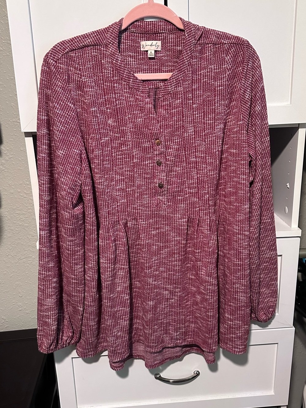 Wonderly Burgundy Textured Babydoll Henley Long Sleeve Top Size XL
